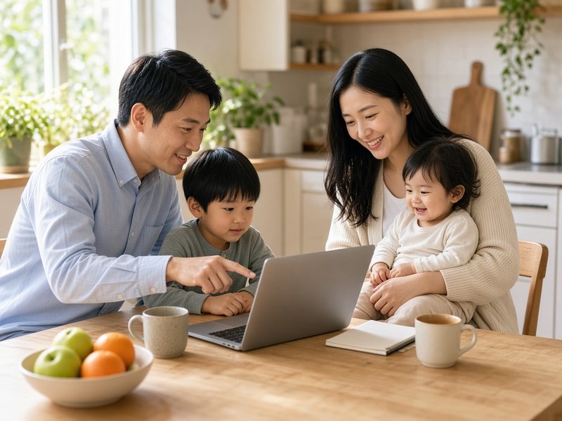 A young couple and their two small children at the kitchen table, planning their website together on a laptop