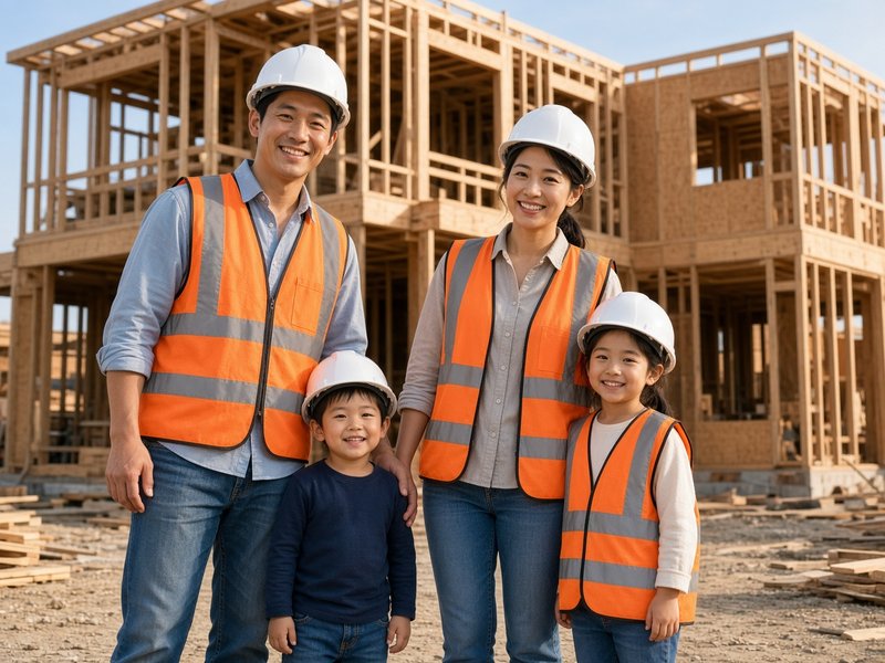 A young couple in hard hats and safety vests with their two children in front of the house they are building