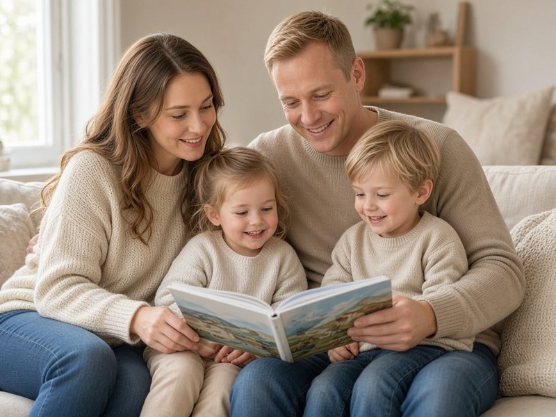 Young parents reading a picture book with their two small children on the living room sofa