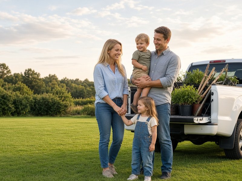 A young couple and their two small children on a fresh green lawn beside their landscaping truck