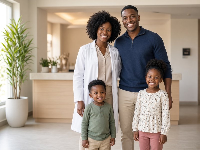 A family doctor in a white coat with her husband and their two small children in the lobby of their clinic