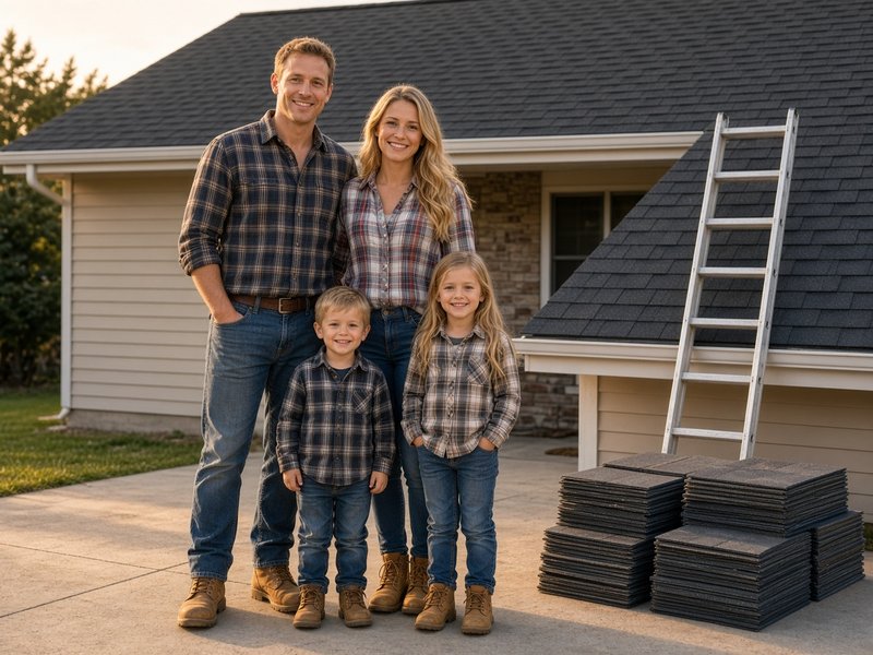 A young couple and their two children in front of a house with a new shingle roof, a ladder and stacked shingles